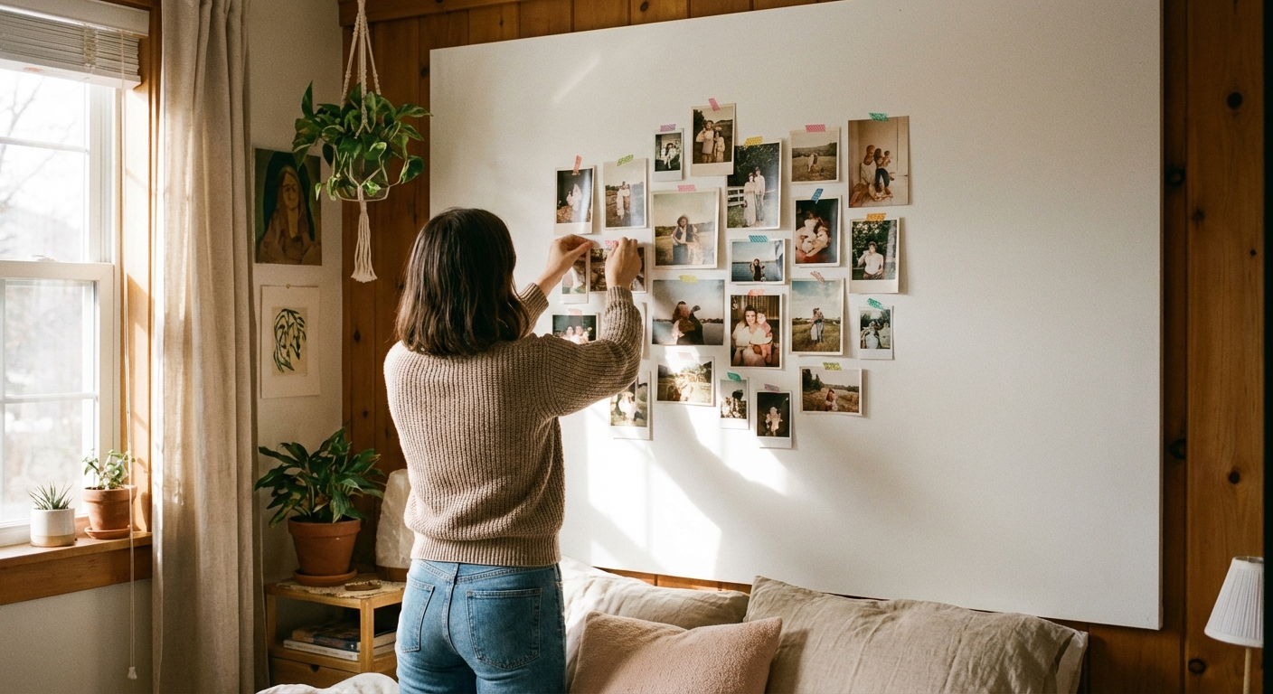 Someone pinning prints to a wall