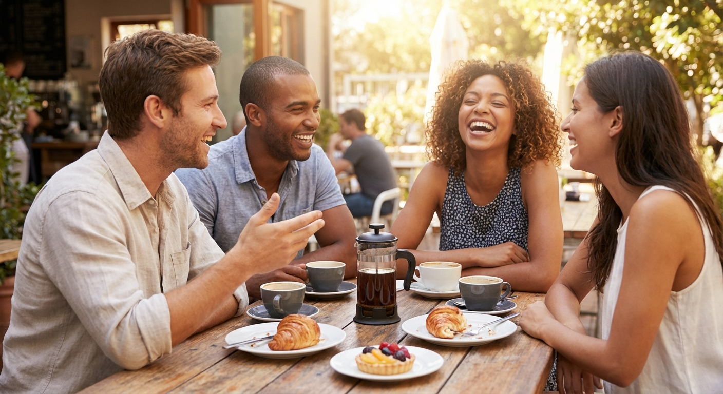 Friends laughing over brunch