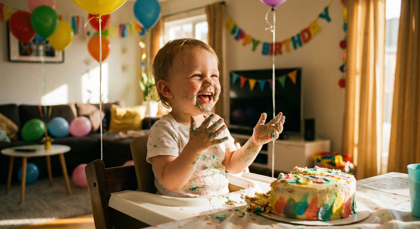 Toddler covered in cake