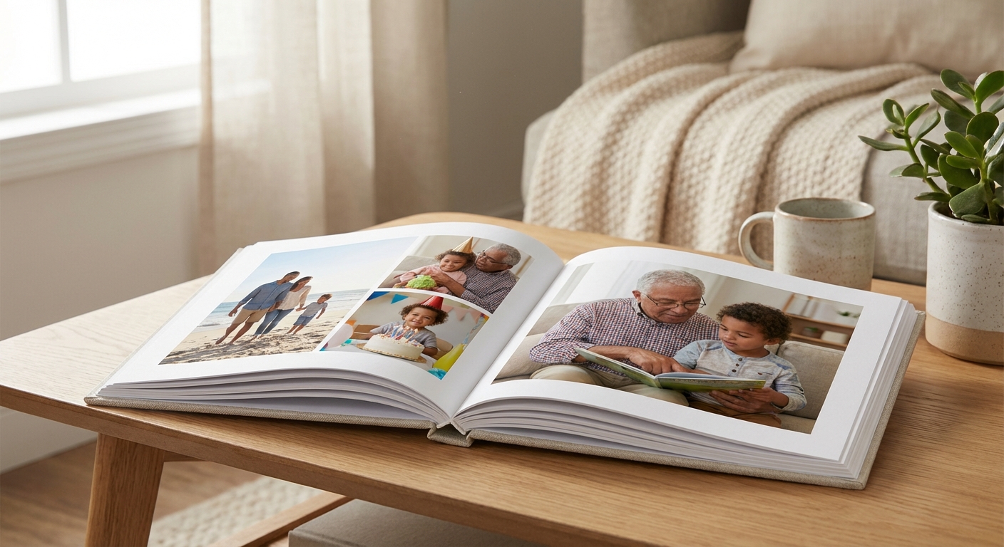 Photo book open on a coffee table
